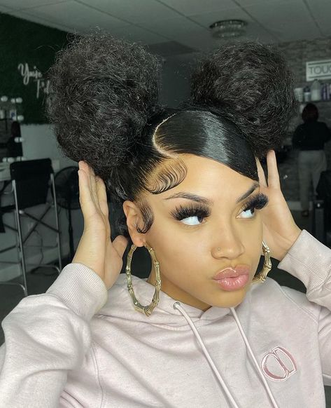 Quick Ponytail Hairstyles, Hair Bun Ideas, Two Buns Hairstyle, Black Hair Bun, Bun Ideas, Hairstyles For Black Hair, Natural Hair Bun Styles, Curly Bun, Sleek Ponytail Hairstyles