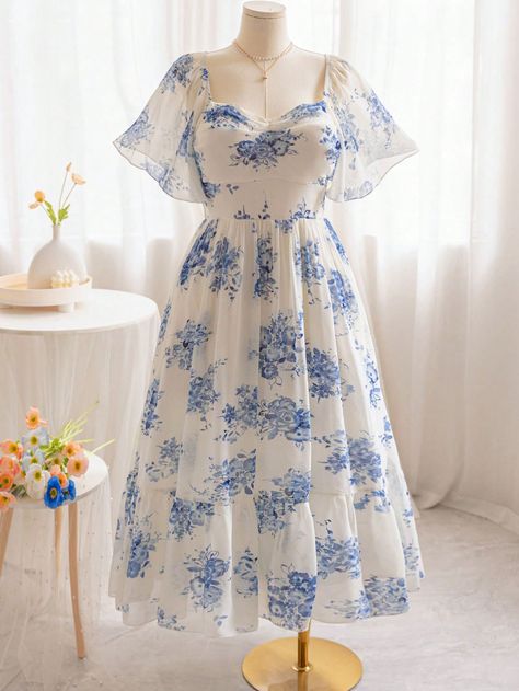 Plus Size Women's Retro Blue & White Floral Print Ruffle Sleeve Elastic Waist Dress, Casual Beach Summer Dress Multicolor Casual  Short Sleeve Woven Fabric Plants A Line Non-Stretch  Women Plus Clothing, size features are:Bust: ,Length: ,Sleeve Length: Casual Dress Floral, Porcelain Dress Blue, White Dress With Floral Print, Casual Dress For Short Women, No Sleeves Dress, Flower Dress Plus Size, Floral Dress For Women, Floral Flowy Dress Short, Sundress Long Sleeve