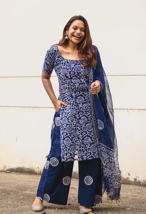 Ethnic wear salwar suits Cotton Salwar Suit Stitching Ideas, Indigo Suit Design, Cotton Punjabi Dress Designs, Bandhani Suits Design Salwar Kameez, Cotton Printed Salwar Suit Designs, Simple Indian Suits Cotton, Cotton Salwar Suit Designs Latest, Cotton Bandhani Dress Pattern, Simple Salwar Suits