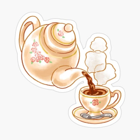 Tea Cup Sticker, Tea Stickers Aesthetic, Tea Stickers Printable, Tea Pot Drawing, Tea Cup Illustration, English Stickers, Tea Cup Drawing, Tea Room Design, Tea Time Illustration