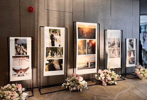 Engagement Picture Display At Wedding, Pictures On Easels Display Wedding, Photo Wall At Weddings, Wedding Foyer Decoration Entrance, Photo Gallery Wedding Decoration, Wedding Photo Display At Reception, Wedding Photo Gallery Wall, Photo Wall Wedding, Gallery Wall Wedding