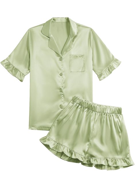 PRICES MAY VARY. Comfy satin silky short sleeve pajamas set for women, collar v neck short PJs sets for girls and women Classic collar down v neck with button down closure, ruffle short sleeve and shorts sleepwear set for women Made from soft and smooh fabric, regular fit, suitable for spring, summer and fall Satin PJs sleepwear set suitable for homewear, sleepwear, loungewear, pajamas party Please check the size chart of Umenlele in Product Description carefully before purchasing. Hand wash/ Ma Womens Pajama Sets, Silk Lounge Set, Yellow Pajama Set, Cute Comfy Pajamas, Bachelorette Party Pajamas, Girlie Pajamas, Lounge Set Aesthetic, Pjs Outfits Comfy, Vintage Pajamas Women