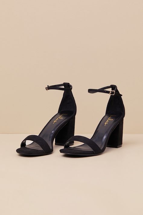 You're certain to step up your style essentials when you add the Lulus Arylee Black Suede Ankle Strap Heels to your closet! Soft faux suede shapes a single toe strap, an almond-shaped toe bed, and a wrapped block heel. A dainty ankle strap rises from the sturdy heel cup and secures with a gold buckle. 3" wrapped block heel. Cushioned insole. Felted rubber sole has nonskid markings. All Man Made Materials. Imported. Lulus | Arylee Black Suede Ankle Strap Heels | Size 11. Black Heels Block, Bridesmaids Shoes Black, Black Heels With Gold Accent, Thrift Heels, Prom Short Heels, Heels Classy Elegant Black, Black Homecoming Heels, Heels For Black Dress, Black Heels Wedding