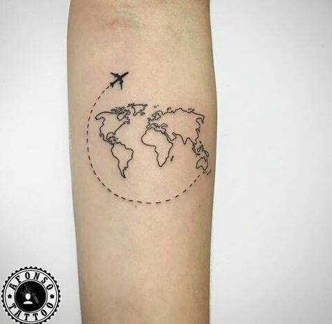 Tattoo World Map, The World Tattoo, World Travel Tattoos, World Map Tattoos, Plane Tattoo, Tato Minimal, Tattoo World, Tattoo Unique, Airplane Tattoos