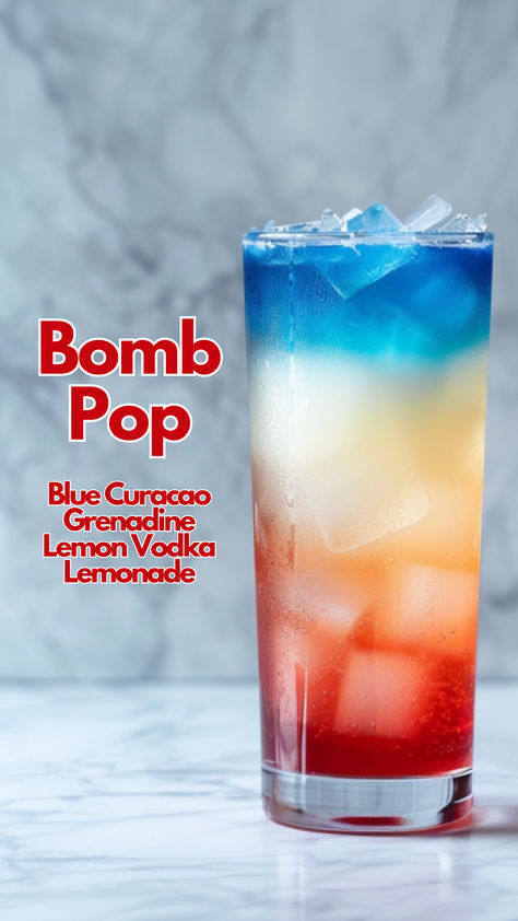 Bomb Pop Bomb Pop Drink Recipes, Fun Fourth Of July Drinks, May The Fourth Cocktails, Skittles Alcoholic Drinks, Rocket Pop Cocktail, Fun Easy Drinks Alcohol, Layered Drinks Alcohol, Red Cocktails Aesthetic, Rocket Pop Alcoholic Drink