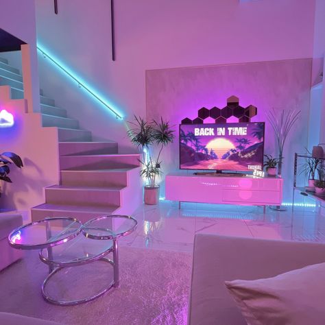 80s Luxury Bedroom Aesthetic, Cozy Vaporwave Room, Vapor Wave Bedroom, Miami Vice Living Room, 80s Vaporwave Room, 80s Aesthetic Bedroom Ideas, Vaporwave Bedroom Aesthetic, 80 Interior Design, 80s Aesthetic Living Room