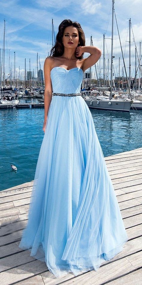 Something Blue: 21 Blue Wedding Gowns For your Happy Wedding ❤  blue wedding dresses a line sweetheart strapless neckline simple ariamo #weddingforward #wedding #bride Blue Wedding Gowns, Crystal Prom Dress, Light Blue Prom Dress, Strapless Evening Dress, Prom Dresses Sleeveless, Blue Wedding Dresses, Cute Prom Dresses, Neckline Dress, A Line Prom Dresses