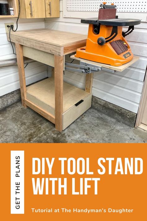 In a small woodshop, every inch of space counts! This DIY tool stand features a mixer lift to raise and lower a belt sander easily! Keeps the workbench surface clear of tools, unlike a flip top tool stand! Get the woodworking plans to make your own at The Handyman's Daughter! Tablesaw Workbench, Mixer Lift, Saw Table, Workbench Plans Diy, Tool Stand, Woodworking Shop Projects, Diy Workbench, Paint Storage, Workbench Plans