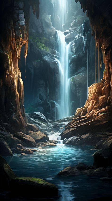 a realistic photo of a pit cave with waterfall Cave Behind Waterfall Art, Cave With Waterfall, Hidden Cave Behind Waterfall, Waterfall Cave Fantasy Art, Dragon Cave Art, Caves Fantasy Art, Cave House Fantasy Art, Fantasy Cave Entrance, Crystal Cave Fantasy Art