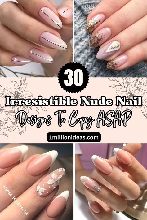 30 Irresistible Nude Nail Designs To Copy ASAP Nail Design For Formal Event, Nude Nails Minimalist Design, Nude Nails With Minimal Design, Almond Neutral Nails Designs, Discreet Nail Designs, Classy Neutral Nail Designs, Neutral Nails With Gold Design, Nude Wedding Nails Bridesmaid, White And Neutral Nails