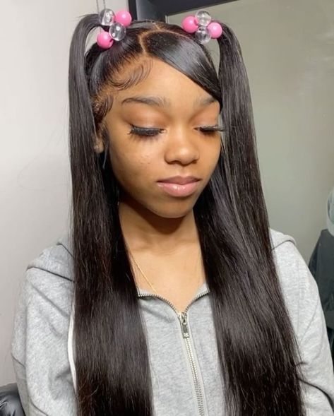 Lace Front Pigtails, Two Pigtails Half Up Half Down Swoop, Frontal Pigtail Hairstyles, Bratz Ponytail, Pigtales Hairstyles, Cute Barbie Hairstyles, Barbie Hairstyles, Wig Installs, Front Lace Wigs