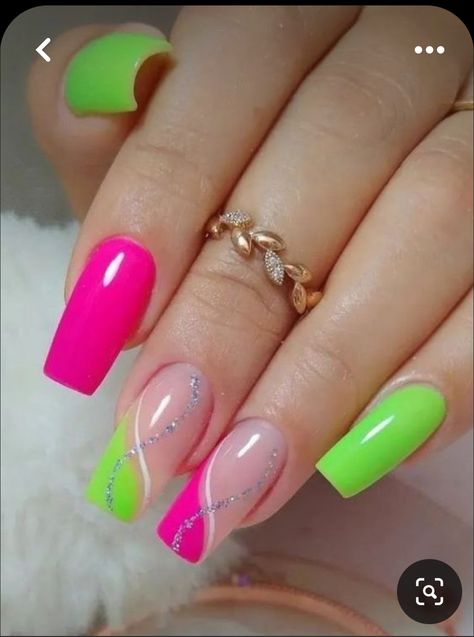 Hot Pink And Green Nails With Design, Green And Pink Nail Art Designs, Gel Nails With Tips Ideas, Hot Pink Neon Nails, Purple Lime Green Nails, Neon Color Nail Designs, Neon And Pink Nails, Neon Pink Nails With Design, Elegant Neon Nails