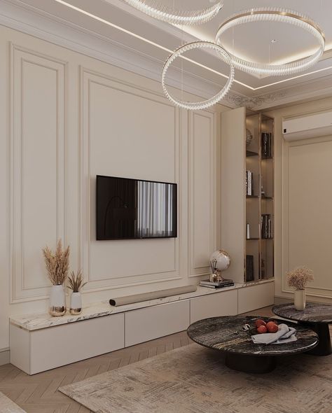 Neo Classical Tv Unit Design, Classic Interior Design Bedroom, Classic Design Living Room, Classic Tv Wall, Classic Tv Unit, Neo Classic Design, Neoclassical Interior Design, Victorian Living Room, Living Room Wall Units