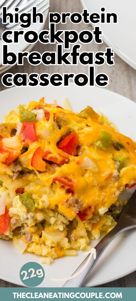 High Protein Crock Pot Breakfast Casserole Recipe is so delicious! This slow cooker egg casserole with sausage cooks overnight for a healthy breakfast! You could also make it with ham or with bacon! Breakfast Casserole Crockpot With Hashbrowns, Crockpot Healthy Breakfast, Slow Cooker Overnight Breakfast Casserole, Crockpot Egg Bake Breakfast Casserole, Breakfast Casserole In Slow Cooker, Crock Pot Egg Casserole Overnight, Honey Bun Breakfast Casserole, Crockpot Breakfast Casserole Healthy, Easy Crockpot Egg Casserole