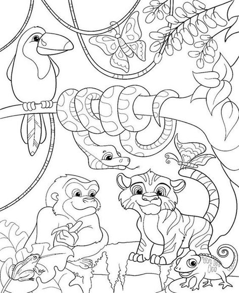 Fun jungle coloring pages for your little one. They are free and easy to print. The collection is varied for different skill levels. #freeprintables #freecoloringpages #coloringpages Trin For Trin Tegning, Jungle Coloring Pages, Jungle Drawing, Coloring Patterns, Jungle Thema, Animal Jungle, Animals Coloring, Jungle Animal, Animal Coloring Books