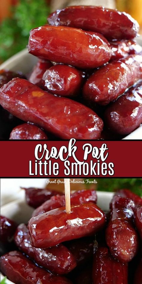 Crock Pot Little Smokies appetizers are made with only 3 ingredients (beef smokies, chili sauce and grape jelly), and are made in the crock pot. #appetizers #delicious #crockpot #deliciousrecipe #greatgrubdelicioustreats Crock Pot Little Smokies, Lil Smokies Recipes, Crockpot Little Smokies, Little Smokies Recipes, Smokies Recipe, Turkey Chili Crockpot, Little Smokies, Slow Cooker Turkey Chili, Grape Jelly Meatballs