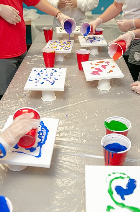 How to setup Pour Painting with an Art Club Art Club Painting Ideas, Group Art Projects For Adults, Paint Craft Ideas, Group Painting Ideas, Easy Kids Art Projects, Dripping Paint Art, Acrylic Painting For Kids, Projects School, Group Art Projects