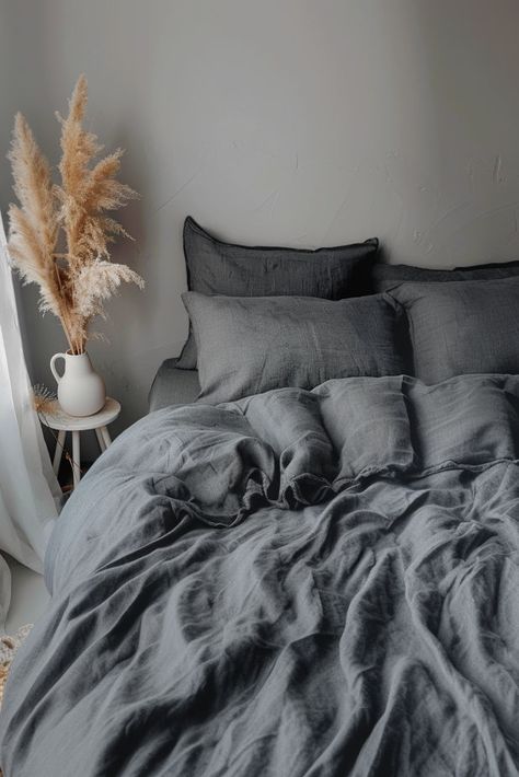 Dark gray melange linen flat sheet,fitted sheet and pillowcases Dark Bed Linen Ideas, Dark Bed Sheets Aesthetic, Bedding Combinations Color Schemes, Dark Blue Bedding Aesthetic, Grey Bedding Aesthetic, Dark Bedsheets, Light Grey Sheets, Dark Gray Bedding, Serene Bedroom Ideas