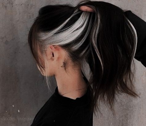 Top Black Bottom Platinum Hair, Dark Hair Color Balayage Ideas, Peekaboo With Black Hair, Black Hair With Silver Peekaboo, Black Hair Grey Underneath, Black And Silver Peekaboo Hair, Peekaboo Grey Hair, Black Hair Silver Underneath, Dark Hair With Underneath Highlights