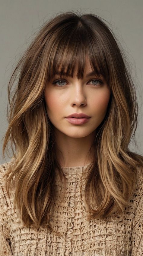 Glamorous Medium-Length Hairstyles with Bangs: Hair Ideas for Side Wavy 🔮 Winter Bangs Haircut, Taylor Swift Inspired Haircut, Hairstyle Color 2024, Woman’s Haircut With Bangs, Long Brown Hair With Highlights And Bangs, Long Hair With Side Part Bangs, Sofia Bush Hair, Medium Length Hair And Bangs, Hairstyles For Oval Face Shape Medium