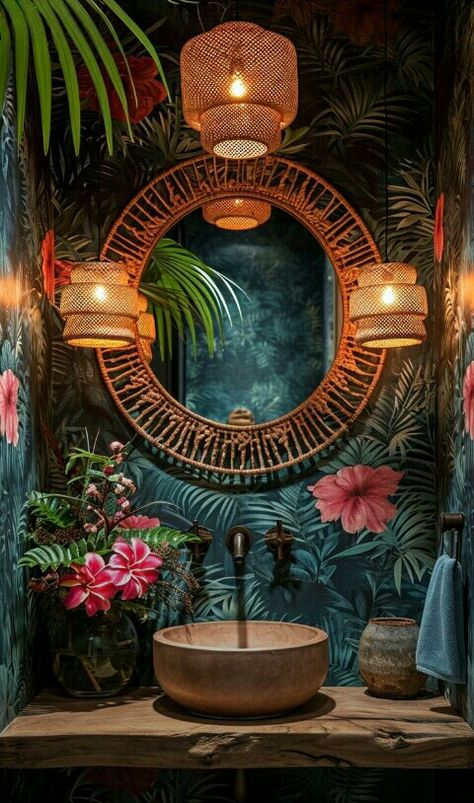 Modern Powder Room Design, Jungle Bathroom, Toilet Restaurant, Powder Room Wallpaper, Tropical Bathroom, Downstairs Toilet, Chic Wallpaper, Tiki Room, Downstairs Bathroom