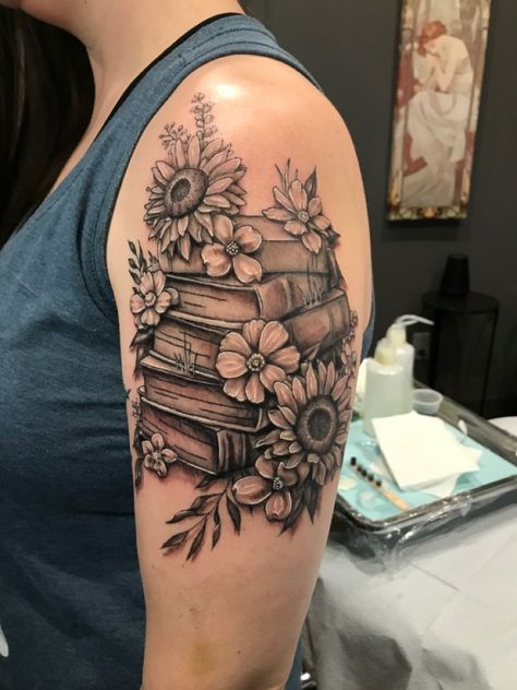 Floral Book Sleeve Tattoo, Plants And Books Tattoo, Books And Wildflowers Tattoo, Book Stack With Flowers Tattoo, Stack Of Books With Flowers Tattoo, Book Arm Sleeve Tattoo, Stacked Book Tattoo, Owl Book Tattoo, Book Leg Tattoo