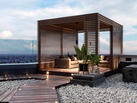 Slatted Walls, Ombra Pergola, Pergola Modern, Design Per Patio, Moderne Have, Terrasse Design, Rooftop Terrace Design, Rooftop Design, Contemporary Patio