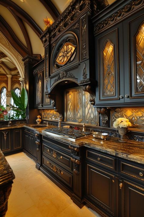 Gothic Style Kitchen, Dream Kitchen Design Luxury, Gothic Modern House, Arched Ceiling, Ornate Kitchen, Manor Interior, Gothic Bathroom, Gothic Kitchen, Gothic Glamour