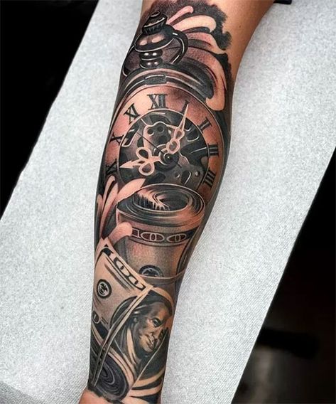 Meaningful Money Sleeve Tattoo Designs Time Is Money Hourglass Tattoo, Forearm Tattoos Clock, Money Is Time Tattoo, Time And Money Tattoo, Time Is Money Tattoo For Men, Money Forearm Tattoo Men, Money Tattoo Ideas, Time Is Money Tattoo, Money Tattoo Designs