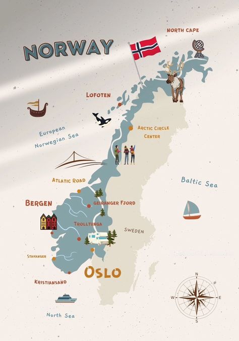 Norway Map Illustration, Norway Aesthetic Wallpaper, Norway Illustration, Traveling Norway, Norway Wallpaper, Norway Poster, Norway Aesthetic, Norway City, Norway Map