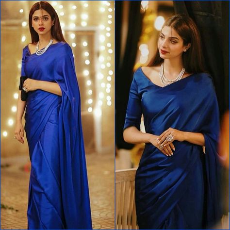 Grad Saree, Dark Blue Saree, Sarees Simple, Isha Borah, Royal Blue Long Dress, Saree Satin, Royal Blue Saree, Frock Models, Farewell Sarees