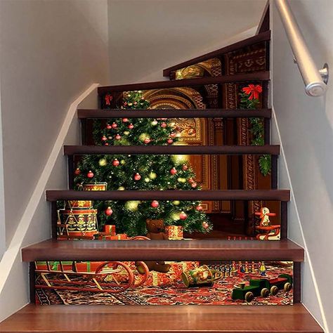 Bannister Christmas Decor, Christmas Stairs, Stair Decals, Christmas Staircase, Decoration Vitrine, Stair Stickers, Christmas Creative, 3d Christmas Tree, Christmas Decorations Cheap