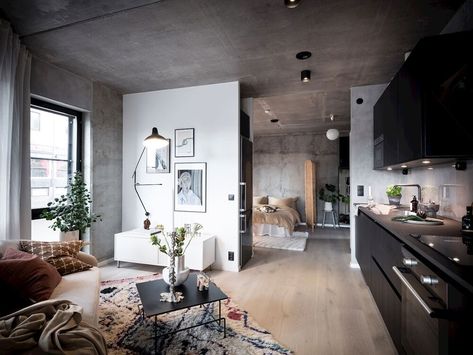 A Small Scandinavian Loft with Industrial Touches - The Nordroom Scandinavian Loft, Industrial Scandinavian, Soho Loft, Mini Loft, Concrete Interiors, Scandinavian Apartment, New York Loft, Concrete Walls, Loft Industrial