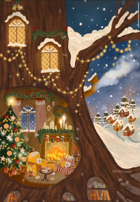 Oh to live here 🤎 Artist: sérénitame on ig Cozy Autumn Illustration Art, Cozy Christmas Wallpaper, Cosy Wallpaper, Knitting Cartoon, Cozy Art, Christmas Lodge, Snowy Scene, Storybook Art, Picture Prompts