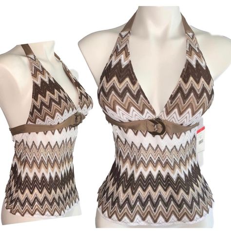 Beautiful Perry Ellis Zigzag Pattern Tankini Halter Top, Size Xs. New With Tags. Missoni Style Chevron Pattern White, Tan, Nude And Brown Woven Padded Cups, Removable Signature Metal O-Rings Adjustable Neck And Back * Tags: Sea Level, Nike, Vintage Bikini, Victoria’s Secret Bikini, Crochet Bikini, Knit Bikini, Tahari, Michael Kors, Y2k Bikini, Retro Bikini, 90s Bikini, Coach * Flat: 15” Armpit To Armpit (Stretches A Lot) * 10” Armpit To Bottom Hem * 22” Approximate Length (Neck Tie Adjustment) B Rings Adjustable, 2000s Mcbling, Halter Top Tankini, Zigzag Pattern, 2000s Fashion Outfits, Nike Vintage, Perry Ellis, Sea Level, Swaggy Outfits