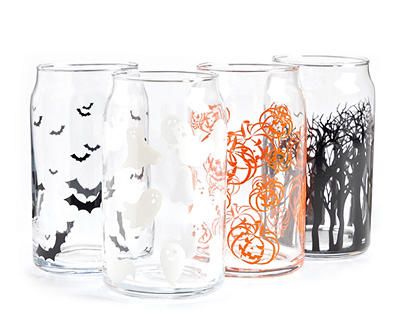 Halloween Can 4-Piece Glassware Set | Big Lots Halloween Glass Cups, Botanical Gothic, Bingo Event, Halloween Wishlist, Fall Wishlist, Boo Baskets, Spooky Candy, Halloween Gift Baskets, Punch Cocktails