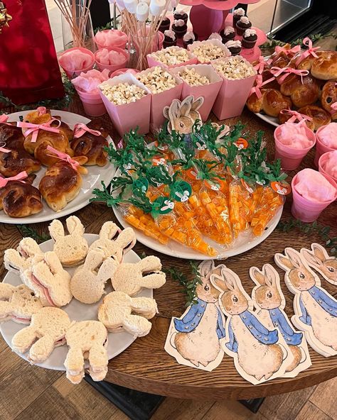 Velveteen Rabbit Party, Easter Themed First Birthday Party, Rabbit Party Ideas Bunny Birthday, Rabbit Themed Food, Peter Rabbit Birthday Party Ideas, Peter Rabbit Birthday Party Girl, Rabbit Themed Baby Shower Ideas, Peter Rabbit Aesthetic, Peter The Rabbit Baby Shower Theme