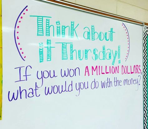 I just love the idea of think about Thursday --I will come up with some fantastic questions and discussion topics that we will use during morning meeting. Whiteboard Prompts, Whiteboard Questions, Whiteboard Messages, Responsive Classroom, Morning Activities, Daily Writing Prompts, Bell Work, Daily Writing, Morning Meeting