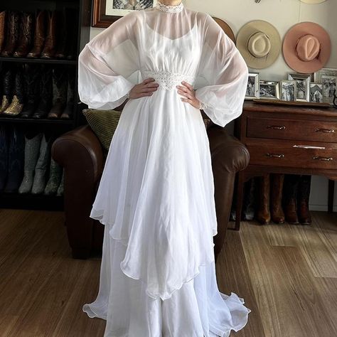 Dreamy 1970’s chiffon vintage wedding dress 
Modest... - Depop Vintage Wedding Dress 1970s, Wedding Dress Modest, 1970s Wedding Dress, 1970s Wedding, Modest Neckline, Dress Modest, Vintage Wedding Dress, Wedding Plan, Sheer Overlay