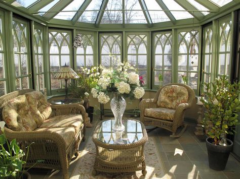 The perfect spot to sit and read. Gorgeous Greenhouses, Brown Mansion, Victorian Sunroom, Conservatory Room, Conservatory Sunroom, Room Color Design, Victorian Conservatory, Conservatory Design, Conservatory Greenhouse