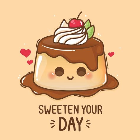 Logo About Food, Pudding Drawing Cute, Logo Pudding Design, Food Kawaii Drawings, Cute Food Drawings Cartoons, Cute Food Drawings Aesthetic, Logo Puding, Pudding Kawaii, Cartoon Food Drawings