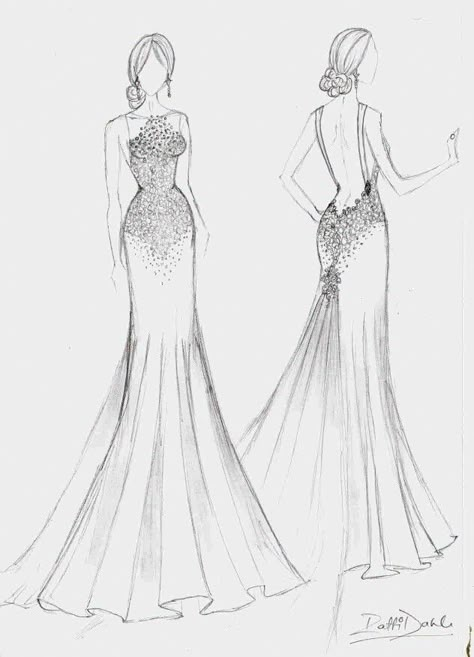 Crystal beaded soft chiffon wedding dress with low back and long train Wedding Dress With Low Back, Wedding Dress Drawings, Dress With Low Back, Fashion Model Sketch, Wedding Dress Sketches, Fashion Figure Drawing, Crystal Dress, Dress Illustration, Dress Design Drawing