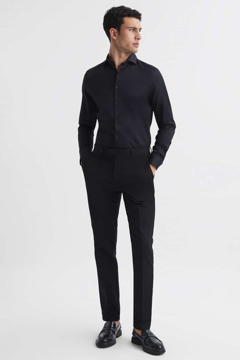 Black Shirt Suit Outfit Men, Debut Outfit For Men, Black Shirt Black Pants, All Black Wedding Men Outfit, Black Pants Black Shirt Outfit, Formal Black Outfit, Mens Black Loafers Outfit, Black Shirt And Pants Men, Black Shirt Black Pants Outfit Men