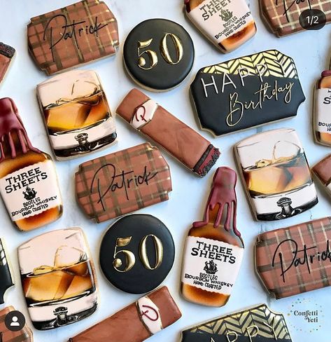 Whiskey Cookies, Birthday Cookies Decorated, Bourbon Cookies, 40th Birthday Themes, 50th Birthday Party Ideas For Men, 55th Birthday, Iced Sugar Cookies, Man Cookies, 50th Party