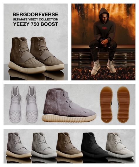 Yeezy 750 Boost Sneakers - The Sims 4 Download - SimsDomination Sims 4 Cc Yeezy, Sims 4 Yeezy, Pink Plumbob, Shoes Sims 4 Cc, Black Sims, Yeezy Collection, Ts4 Clothes, Yeezy 750, Sims 4 Male Clothes