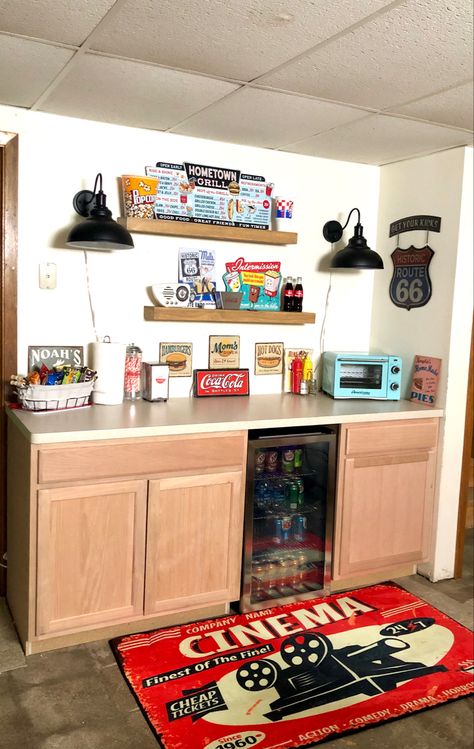 Game Room Snack Bar, Home Theater Snack Bar Ideas, Basement Snack Bar, Basement Snack Bar Ideas, Snack Bar Ideas Home, Snack Bar Ideas, Family Movie Room, Snack Area, Space Snacks