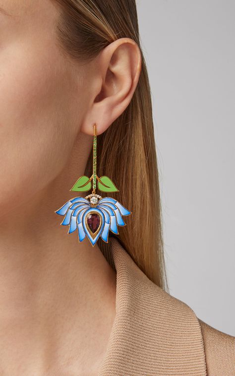 Eden blue enamel lotus drop earrings  by HOLLY DYMENT for Preorder on Moda Operandi Egyptian Inspired Jewelry, Long Crystal Earrings, Haute Jewelry, Jewelry Rendering, Bvlgari Jewelry, Diy Earrings Polymer Clay, Art Jewelry Design, Terracotta Jewellery, Art Jewelry Contemporary