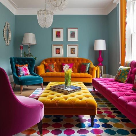 Colorful Furniture Living Room, 70s Living Room, Colorful Cottage, Colourful Living Room Decor, Decor Color Schemes, Colorful Interior Design, Bright Living Room, Living Room Color Schemes, Colourful Living Room