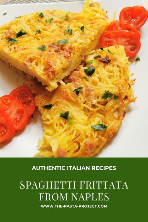 This traditional Neapolitan spaghetti frittata recipe is a fabulous was to use up leftover spaghetti. You can eat this frittata hot or cold and serve it as part of a buffet. potluck or with an aperitif. This classic version includes eggs, two kinds of cheese (parmigiano and scamorza) and pancetta. Spaghetti Frittata, Italian Pasta Recipes Authentic, Leftover Spaghetti, Frittata Recipe, Italian Pasta Recipes, Best Pasta Recipes, Frittata Recipes, Italian Recipes Authentic, Hearty Dinner