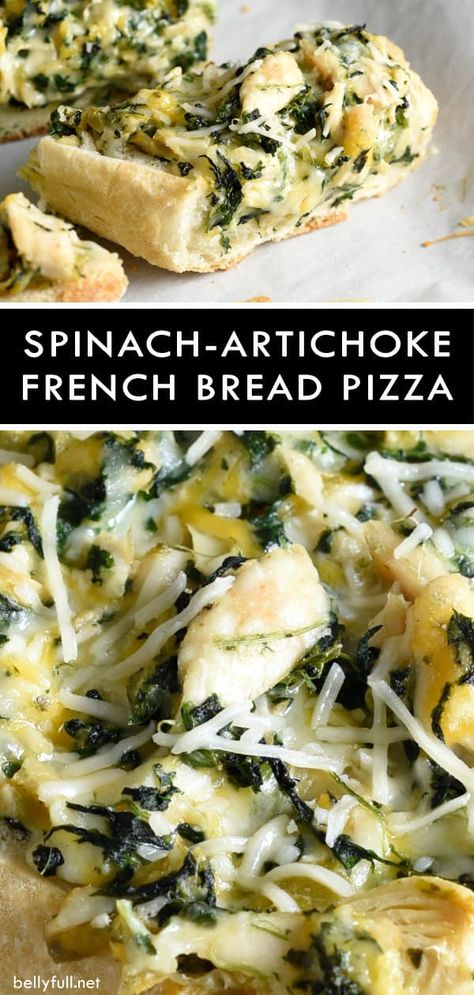 Spinach Artichoke Chicken Flatbread, Spinach And Artichoke Flatbread, French Bread Loaf Ideas, Things To Do With French Bread, Dinner With French Bread, French Bread Pizza Ideas, Ways To Use French Bread, French Bread Sandwich Ideas, French Bread Recipe Ideas